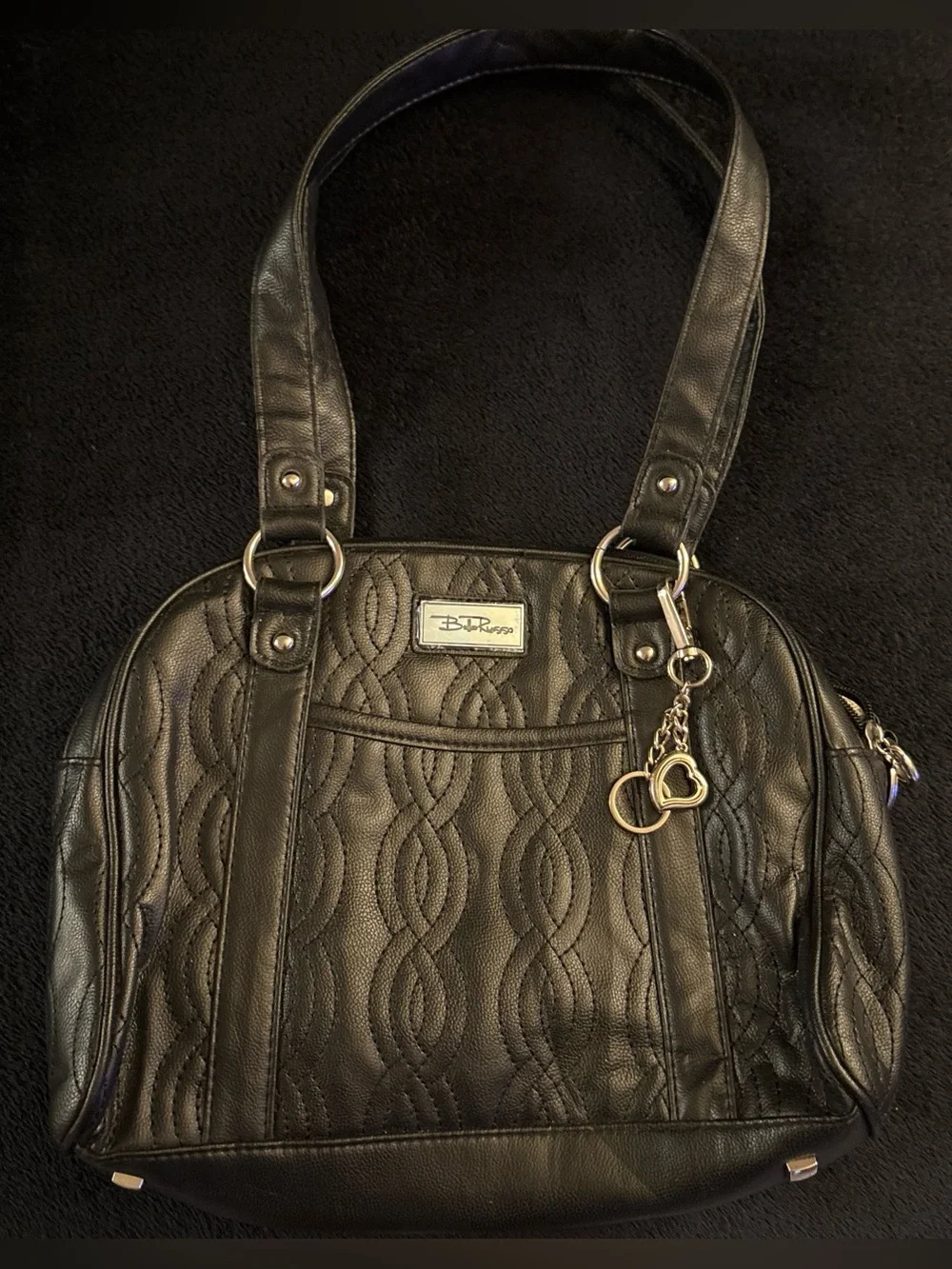 Black Quilted Shoulder Bag with Heart Charm by B. Makowsky